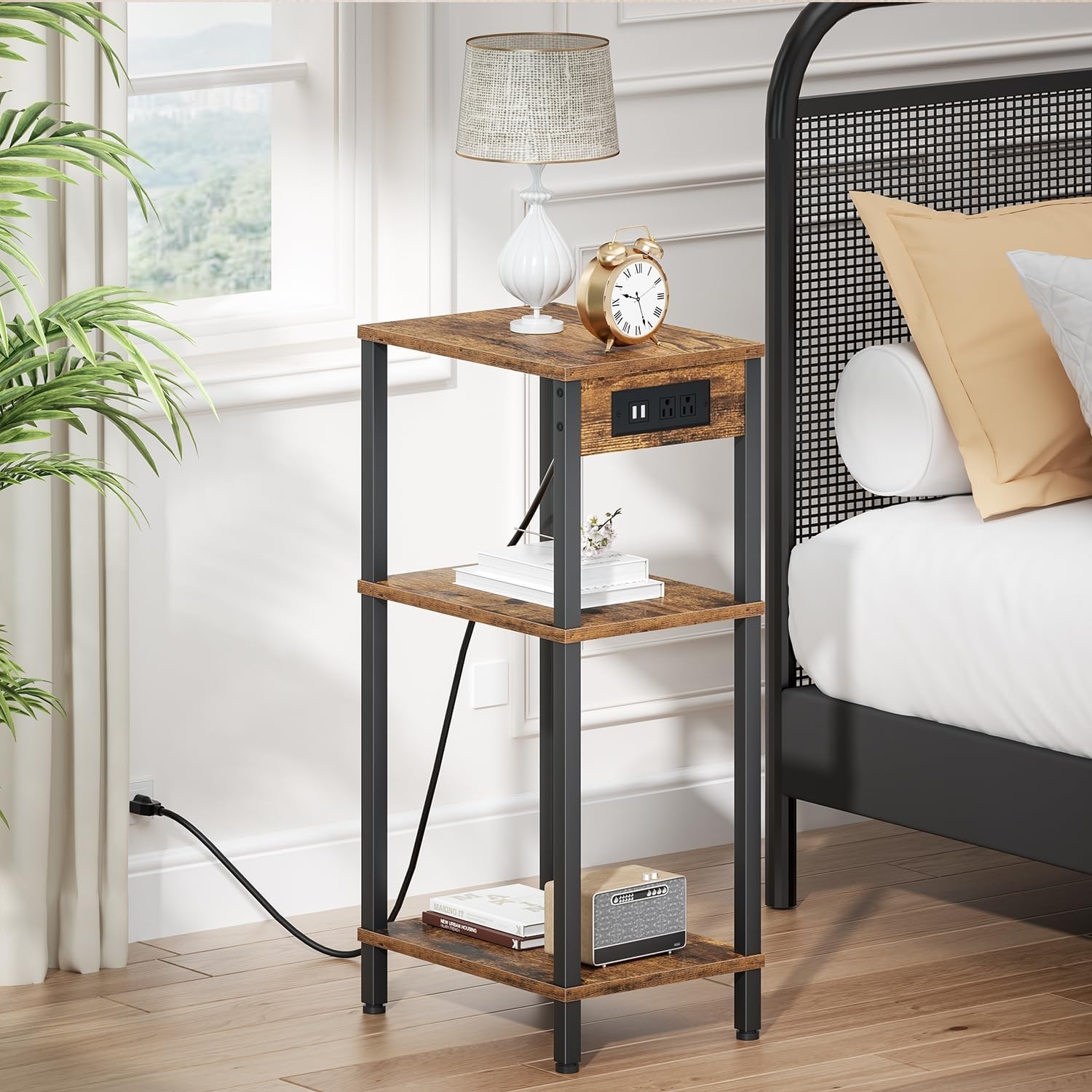Side Table with Charging Station Narrow End Table Storage Bedside Nightstand
