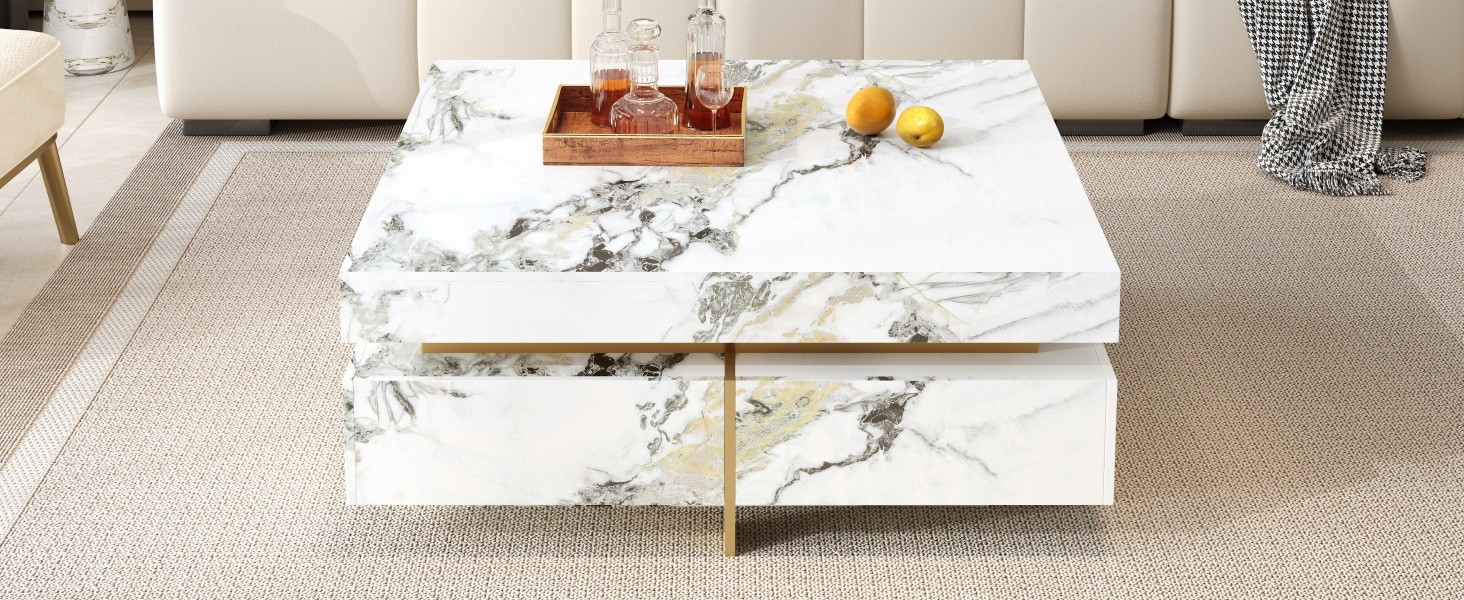 Modern White Square Marble Coffee Table with 4 Drawers, 43.3″