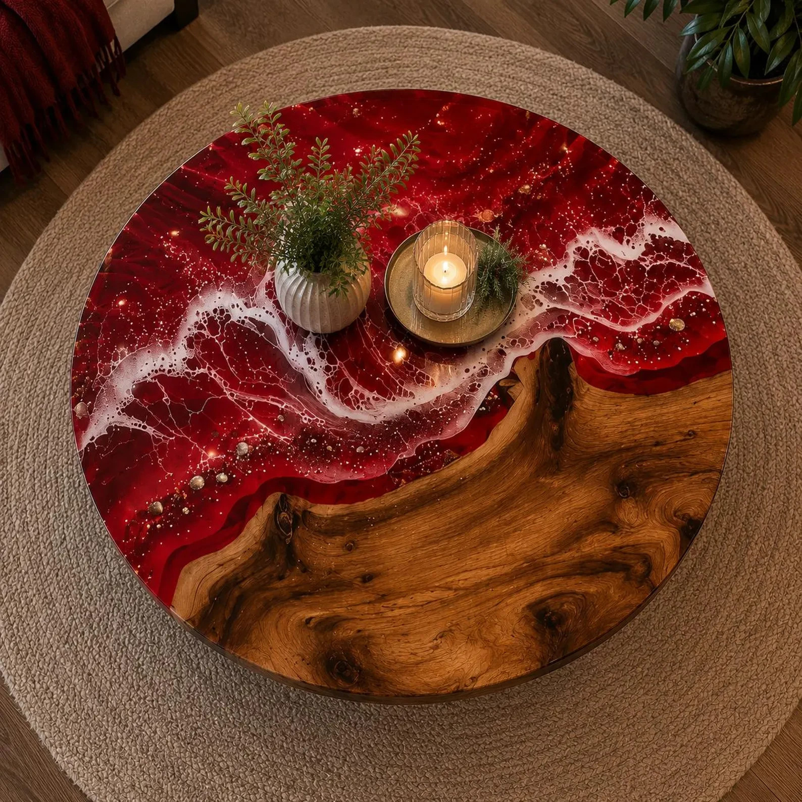 Red Resin River Coffee Table | Handmade Wood Epoxy Table Luxury Living Room