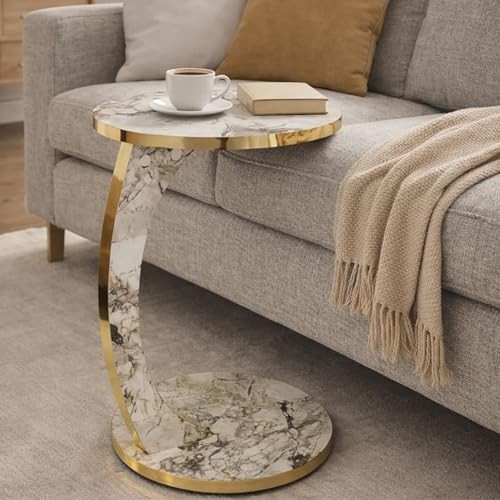 Luxury C Shaped Golden Effect Side Table with Wheels, Premium Faux White Marble