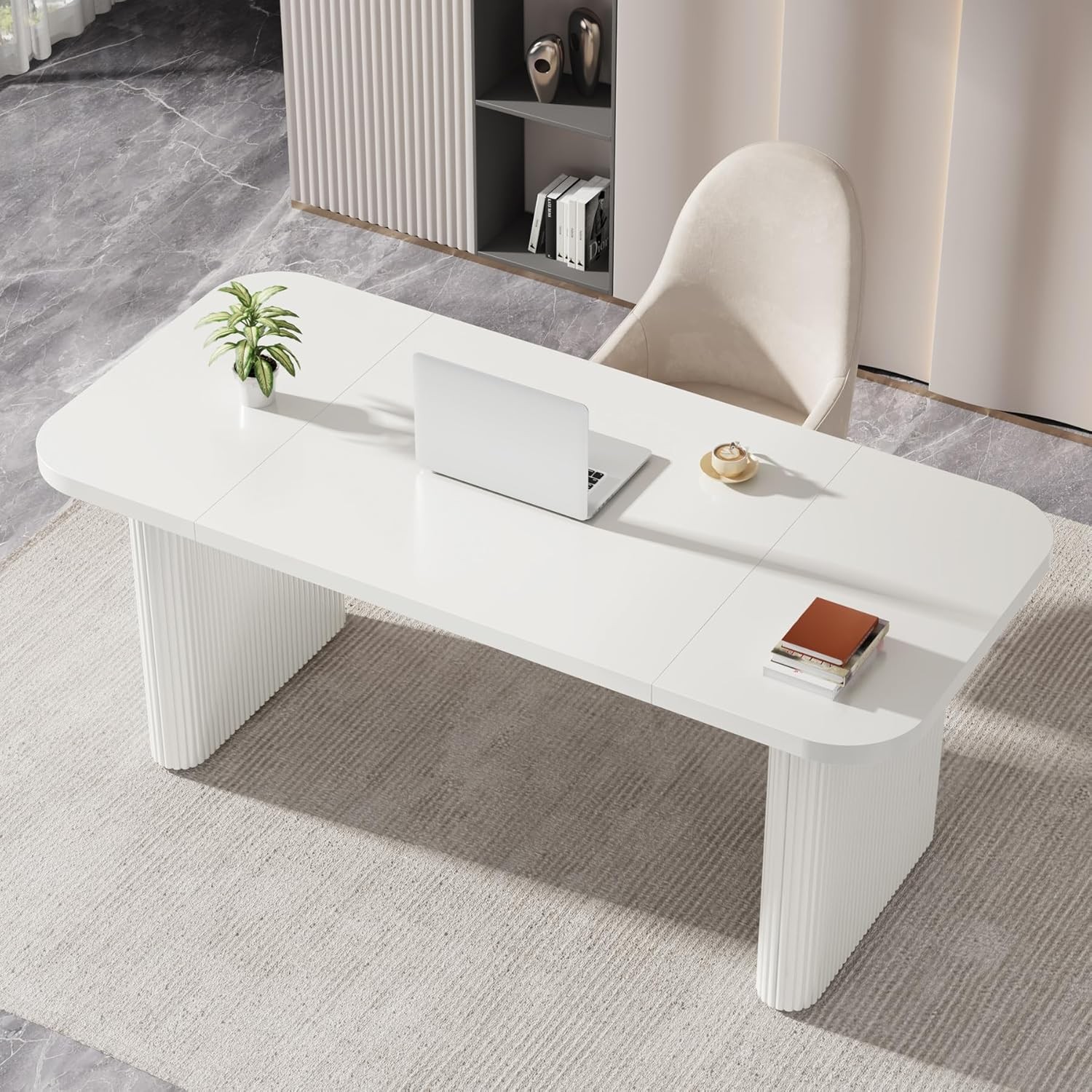 62-Inch Modern Executive Desk, Wood Office Desk, Large Aesthetic Computer Desk