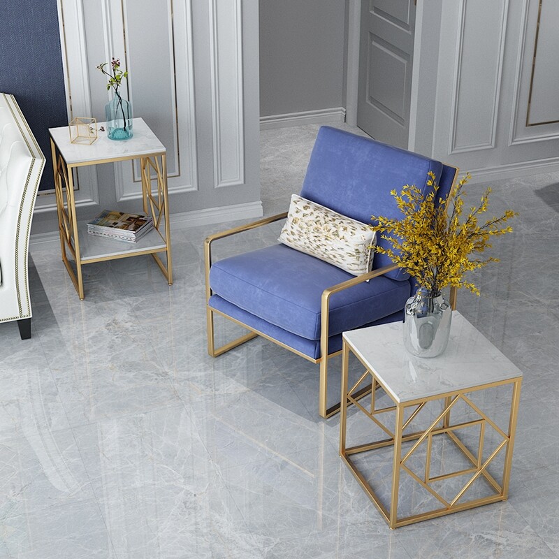 2 Tier Bed Side Accent Marble Table Living Room End Table Glossy Gold Nightstand