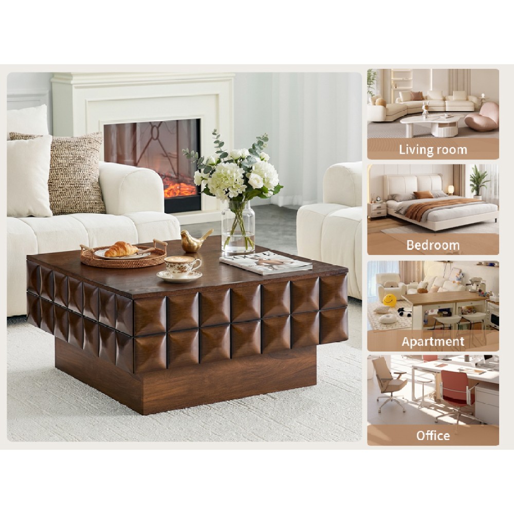 32.7″ Square Walnut Coffee Table – 3D Cube-Textured Wrap, Ash Veneer Top