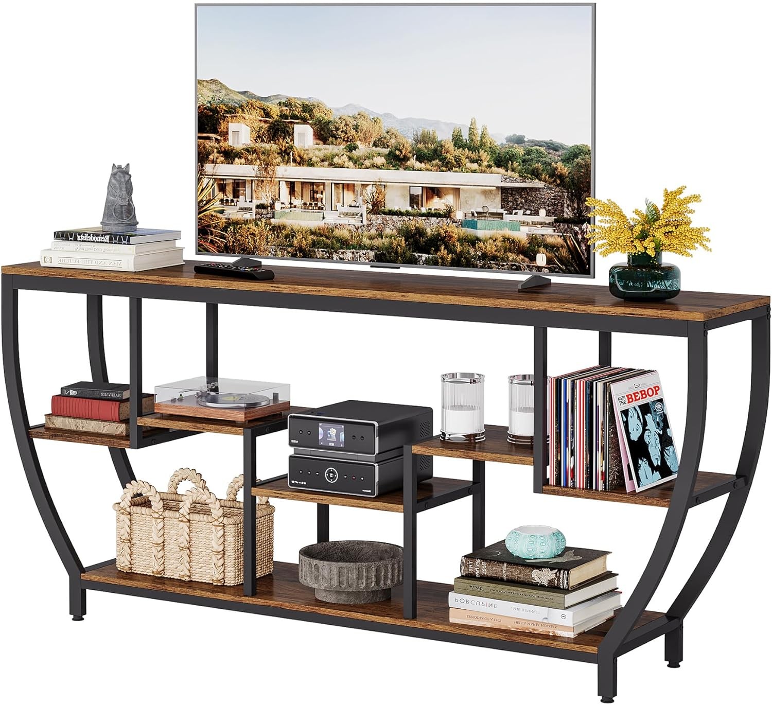 TV Stand for Televisions up to 80 Inches, Wood TV Media Console Table Unit-Brown
