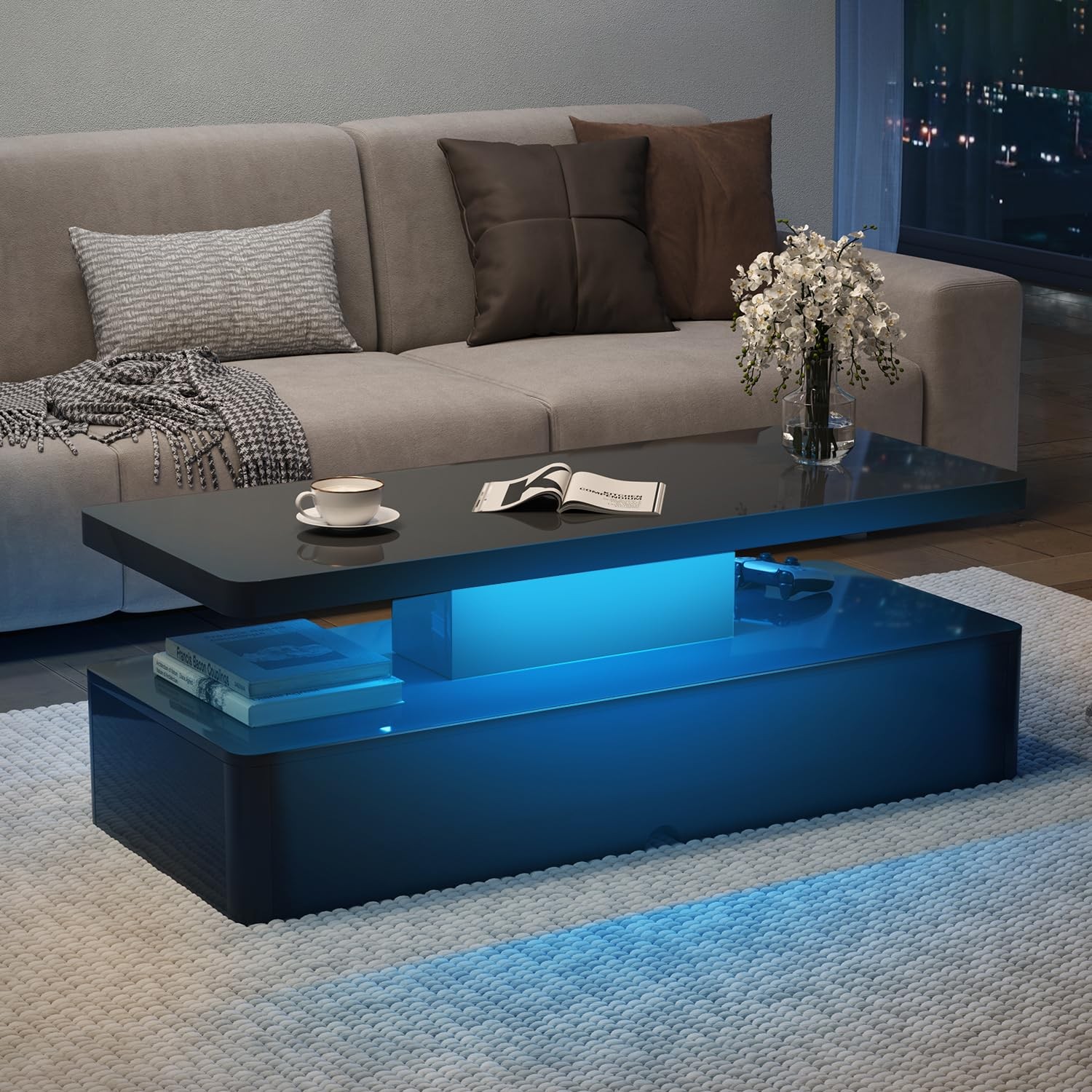 LED Coffee Table, 40 Inch Modern Center Table with Storage, High Glossy Black
