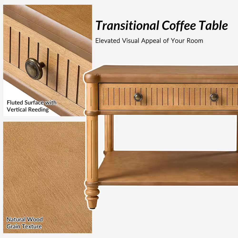 Roland 47 In. Teak Rectangular Wood Coffee Table with Solid Wood Drawers