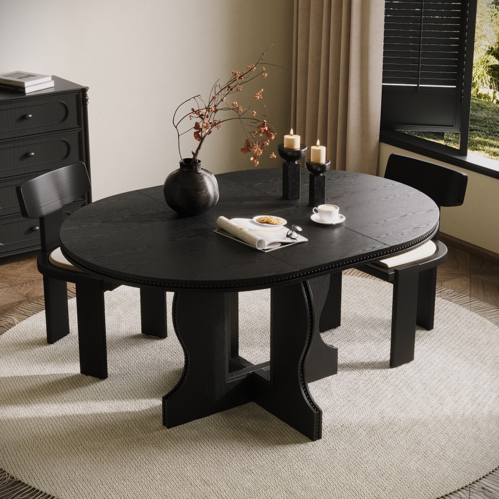 Farmhouse Expandable Round Oval Dining Table Glossy MDF Top Heavy Duty Wood Base