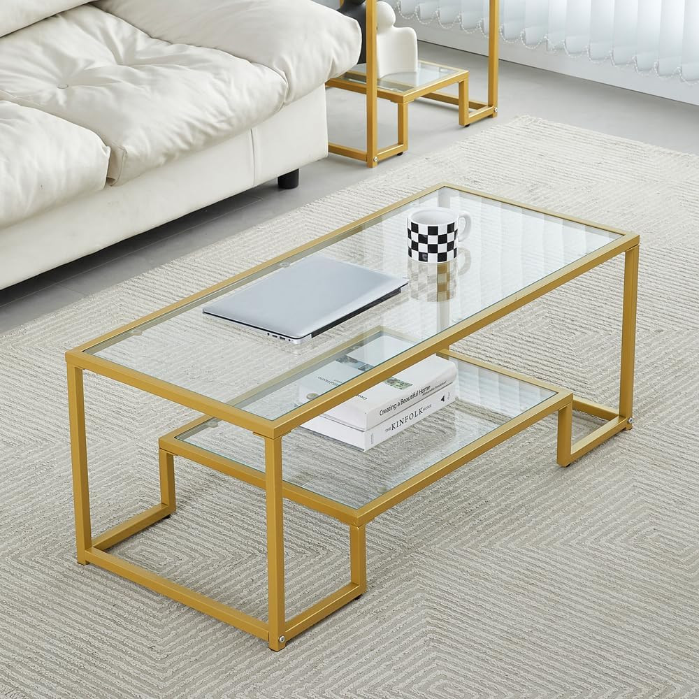 Elegant Two-Tier Golden Metal Glass Coffee Table for Any Room