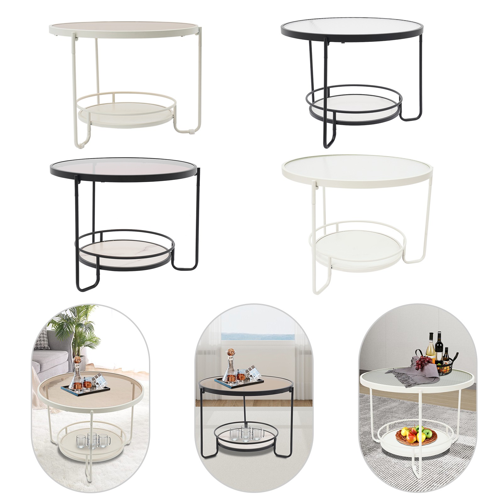 Modern Round 2-Tier Side Table – Black/White& Teal/Clear, Tempered Glass 60/40cm