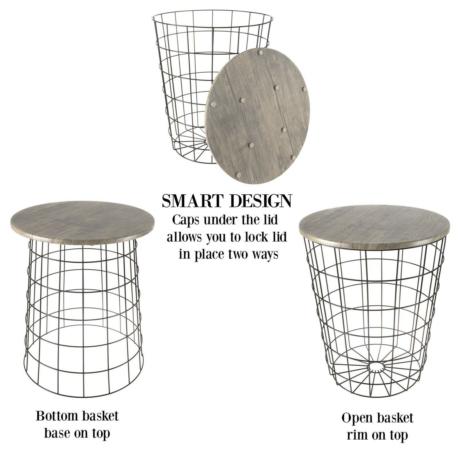 Nesting End Tables Metal Basket MDF Vaneer Top Storage Furniture Accent Decor