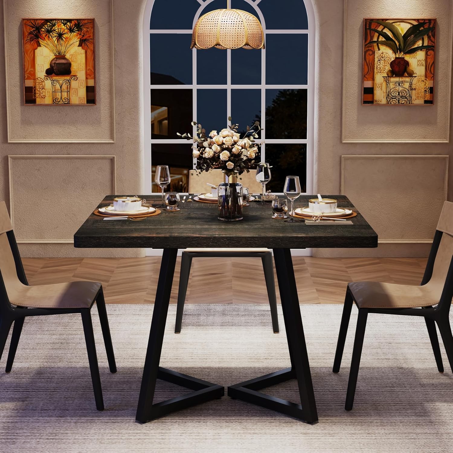 Square Dining Table for 2-4, 31.5″ Industrial Small Kichen Table with Metal Base