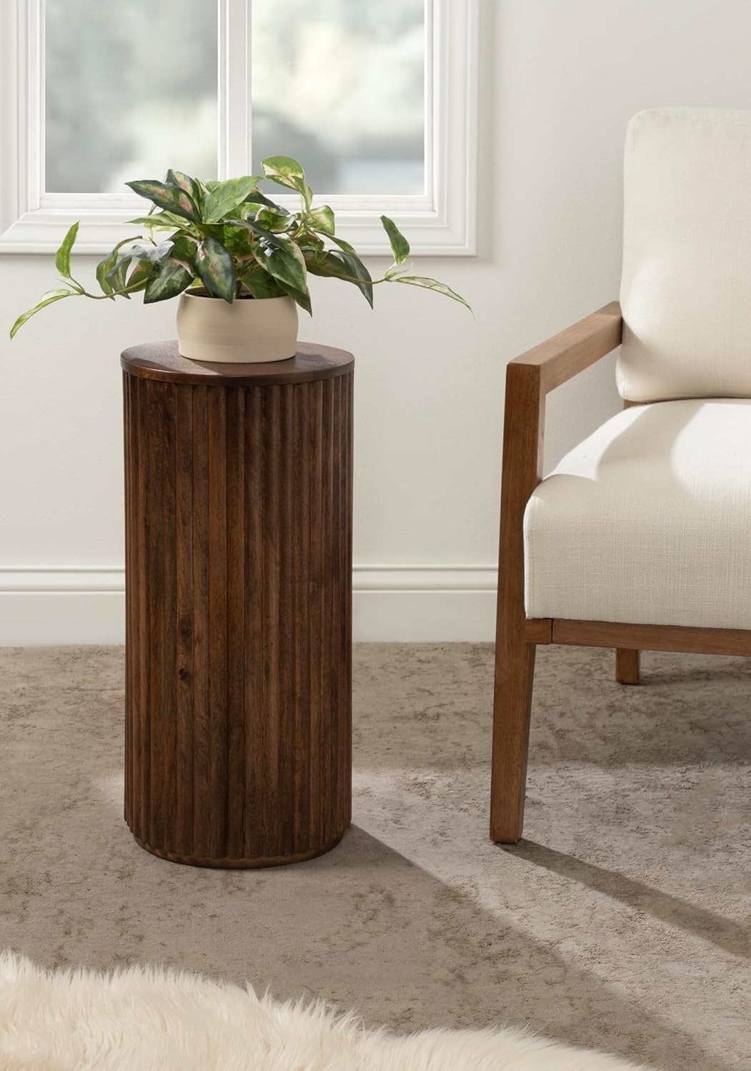 Modern Wooden Ribbed Drink Table; 10 x 10 x 22, Walnut Brown Solid Wood frame