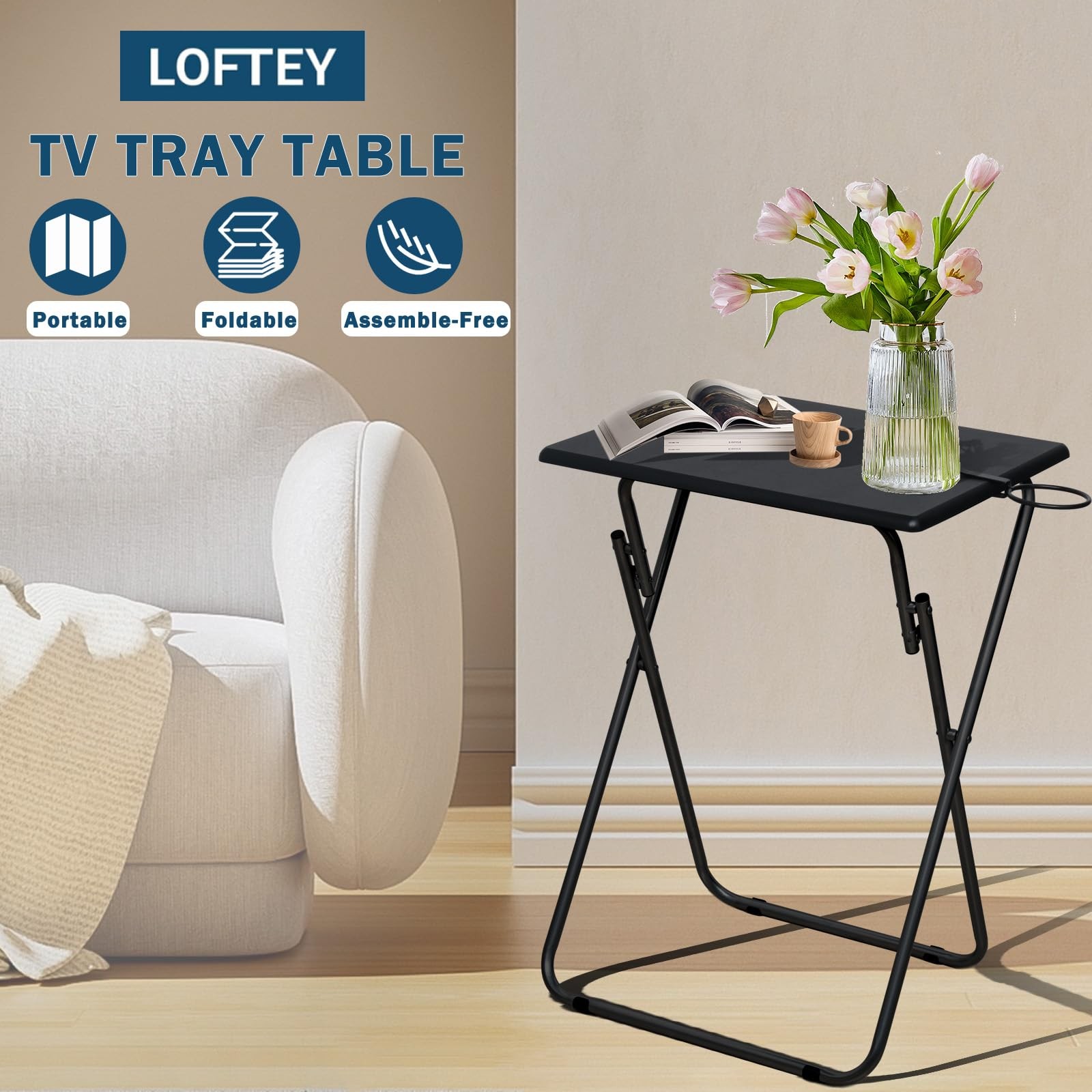 Folding TV Tray Set 4 Black MDF Metal Portable Dining Table Couch Sofa