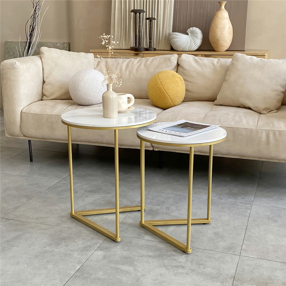 Coffee Nesting Table Round Side End Accent Table White Marble Top Home Furniture