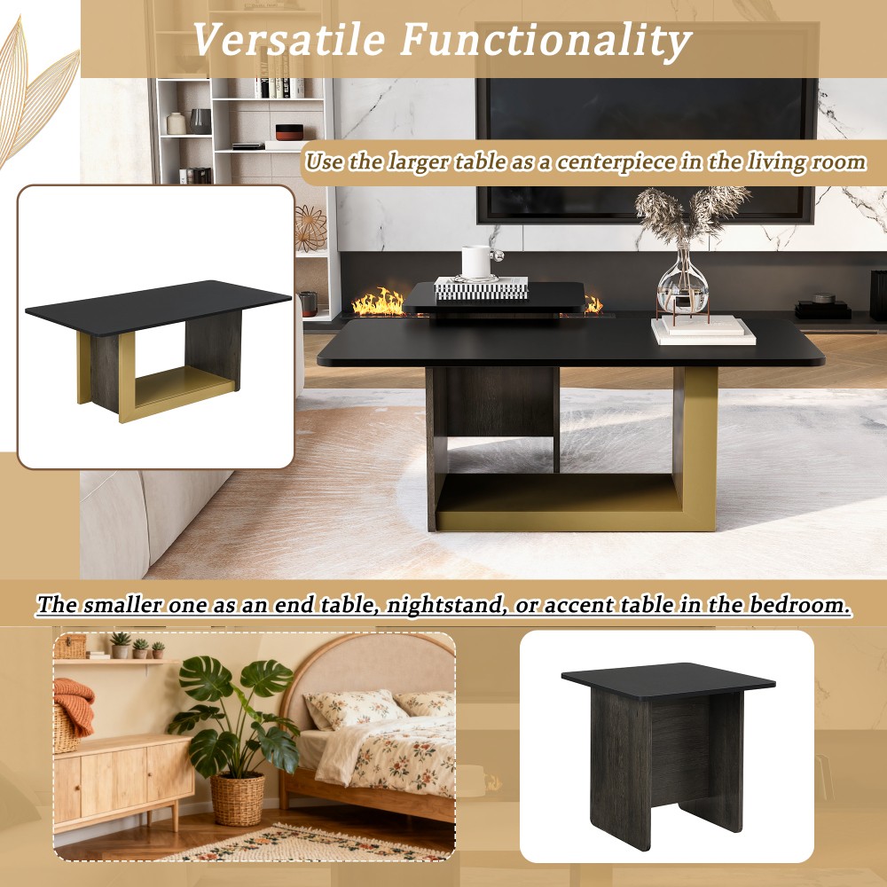 Modern Square Coffee & End Table Set of 2, Black, for Living Room, MDF & Metal