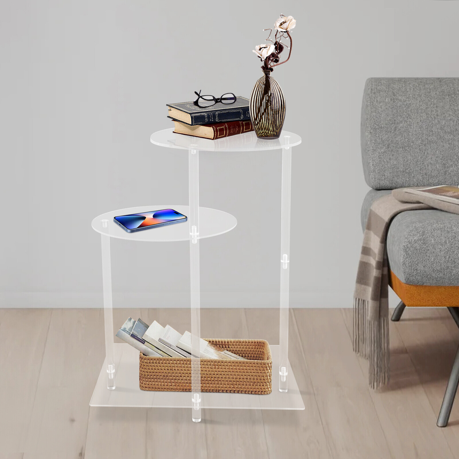 Side Table Home Bedside Table with Open Storage Shelf Indoor Clear Side Table US