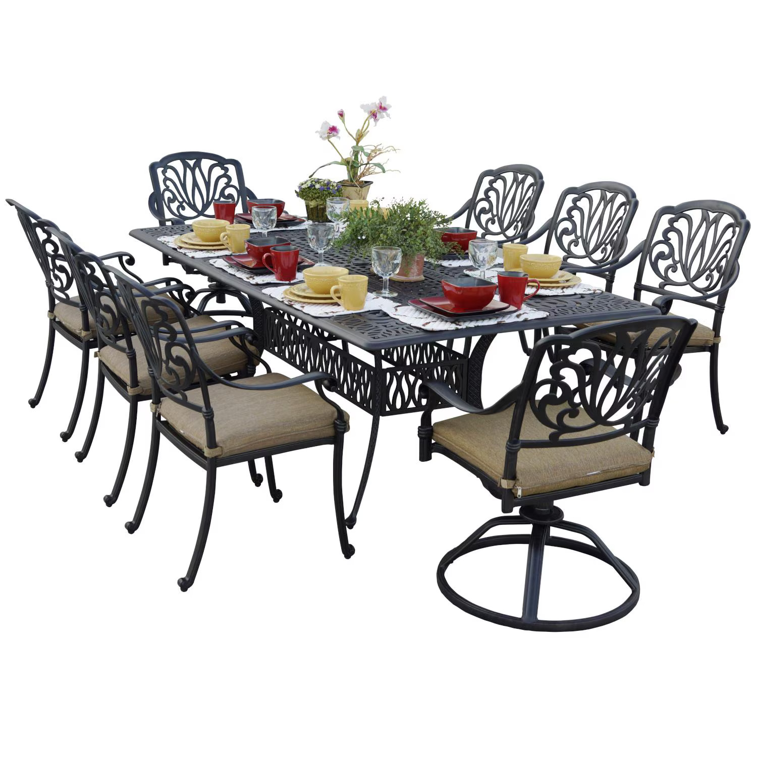Elisabeth 9 Pc Cast Aluminum Dining Set 84 X 44 Inch Table & Swivel Rocker in