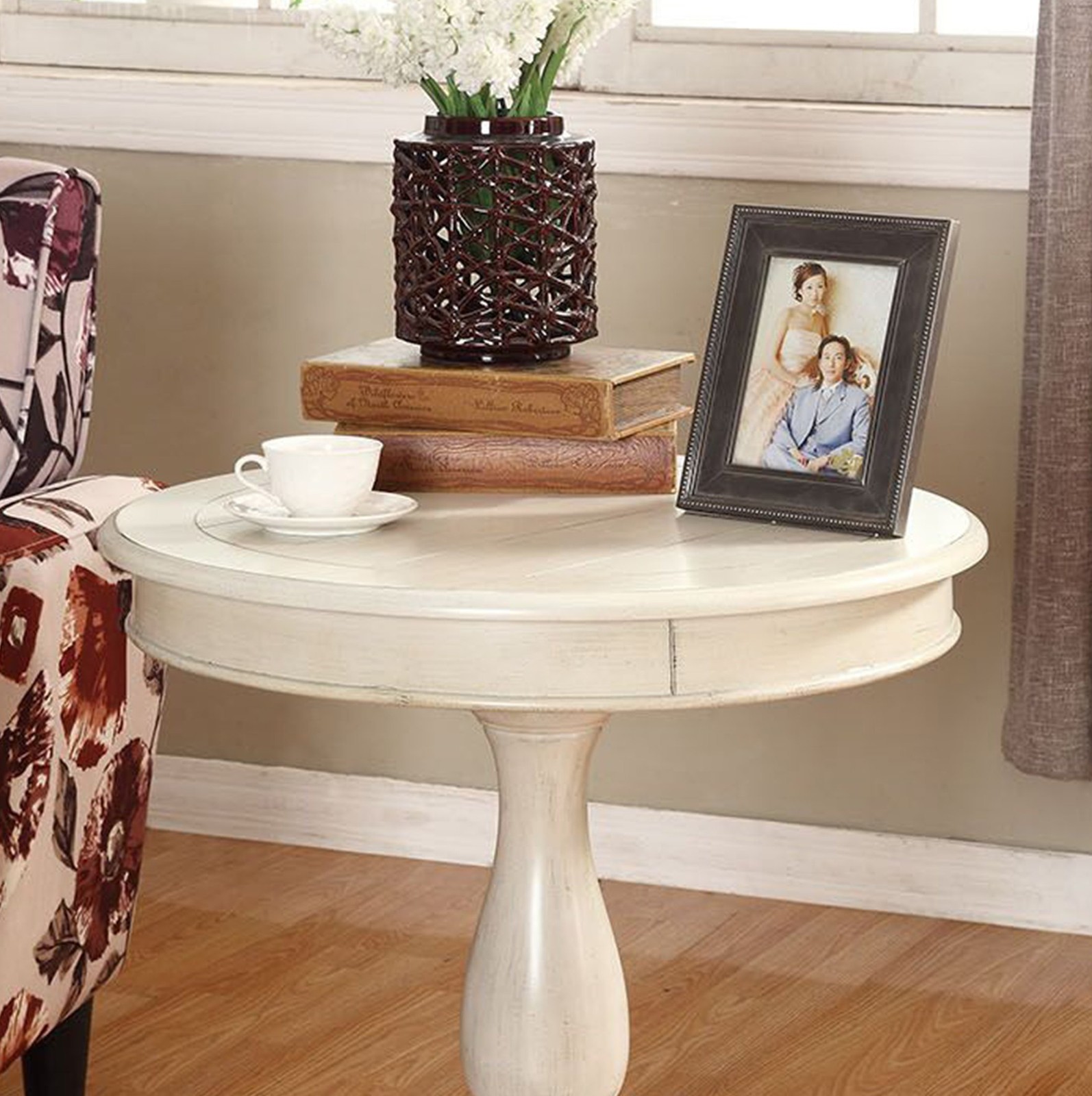 Antique White Round Wood Pedestal Side Table Elegant Traditional Design 26 In…