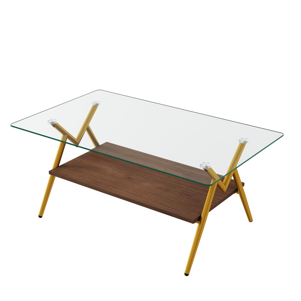 Rectangle Coffee Table, Tempered Glass Top, Gold Metal Legs, Modern Clear