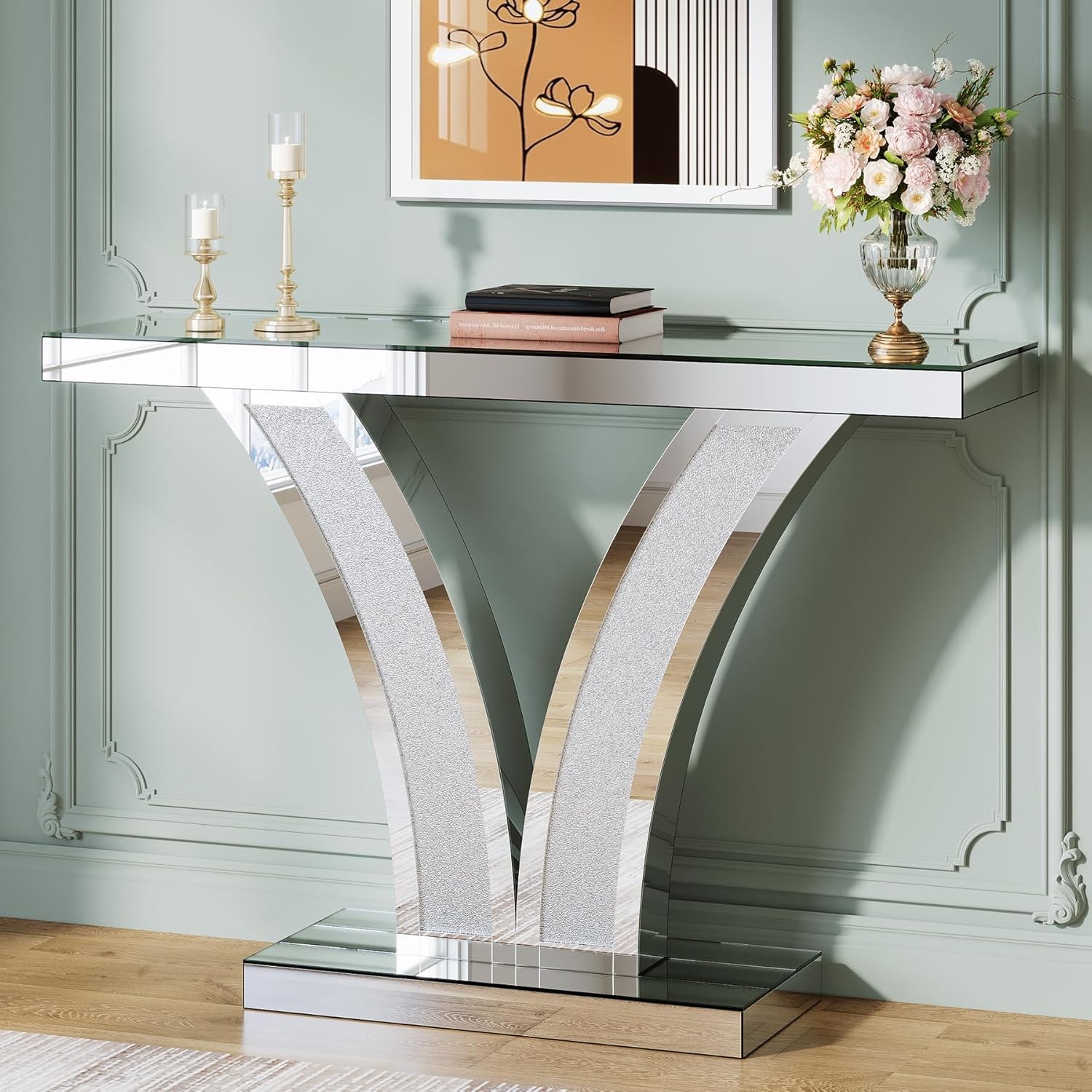 40″Sliver Mirrored Console Table, Modern Entryway Sofa Table with Crystal Frames