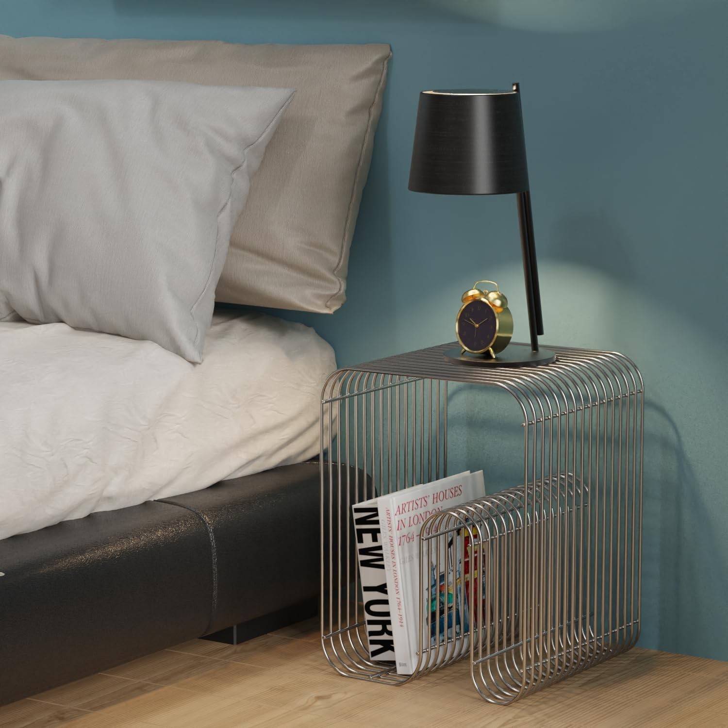 N-Shape Retro Side Table, Accent Bedside Table for Living Room, Stainless Steel