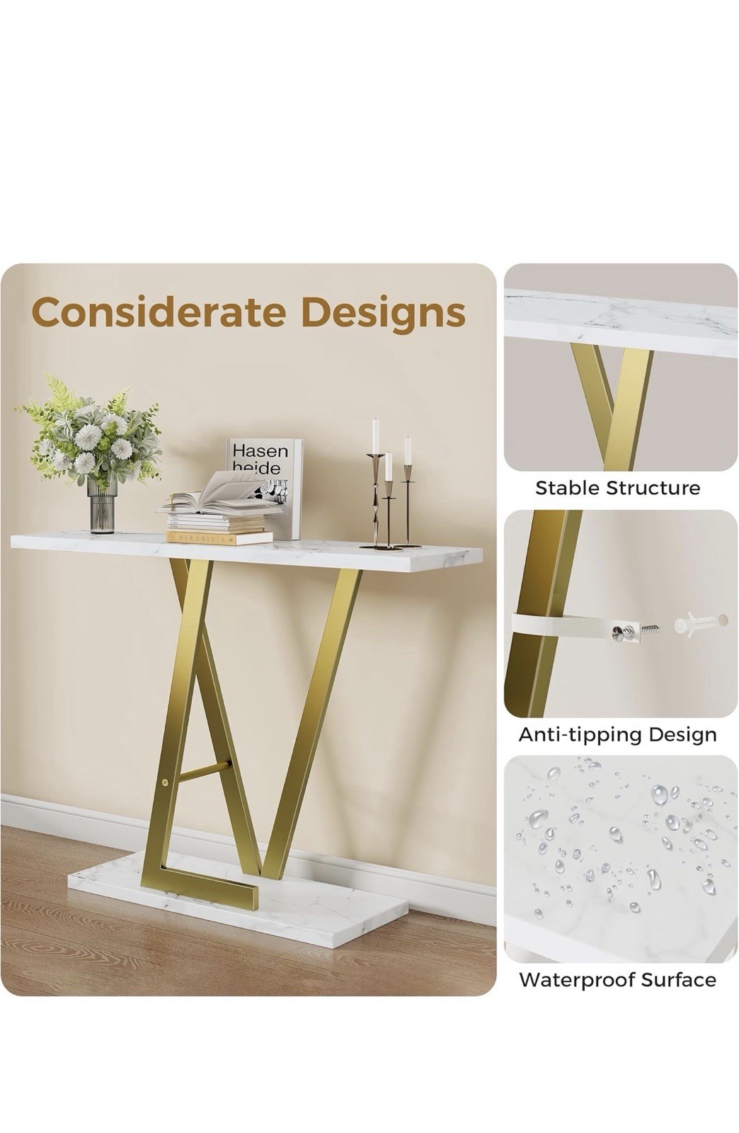 Modern Gold Metal Console Table with White Stone Top