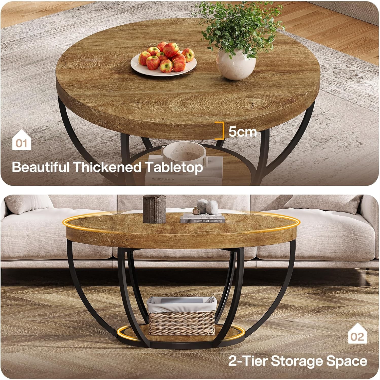 2-Tier Round Coffee Table Industrial Circle Wooden Center Table For Living Room