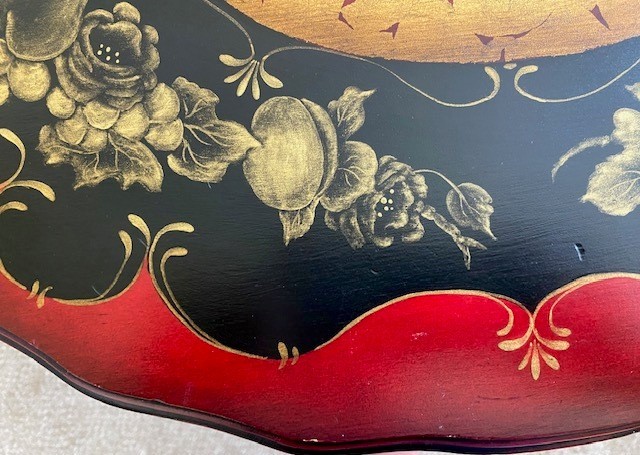VTG Wooden Tilt Table Hand Painted Tole and Gold Leaf, Floral & Fruits, Unique