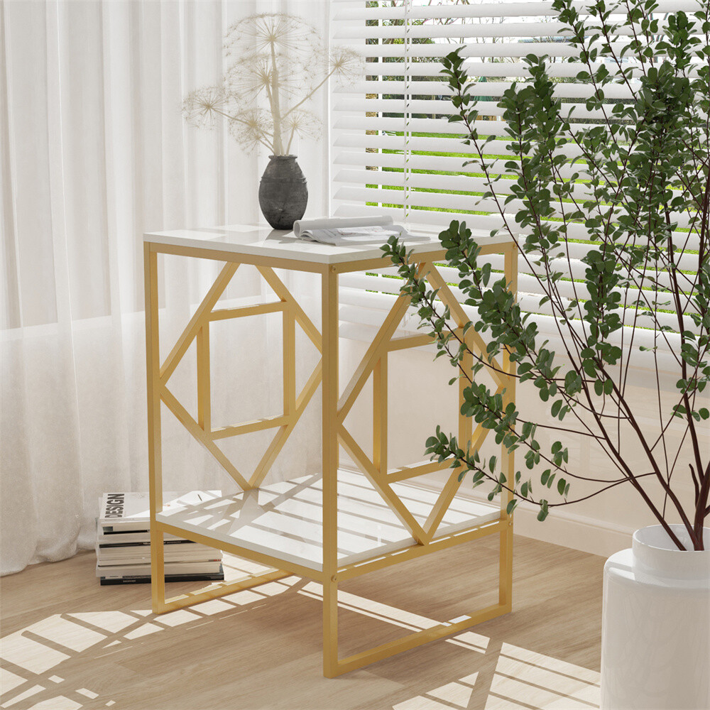 2 Tier Bed Side Accent Marble Table Living Room End Table Glossy Gold Nightstand