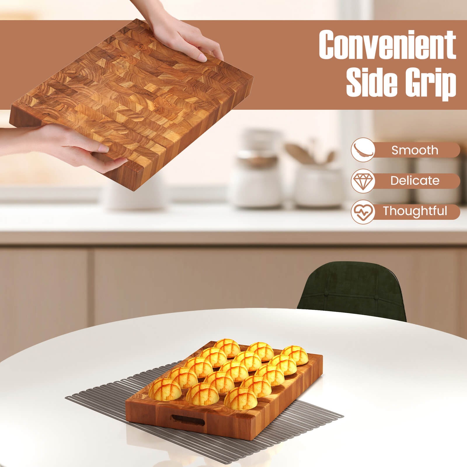 End Grain Cutting Board 18″ Teak Wood Chopping Block with Hand Grip