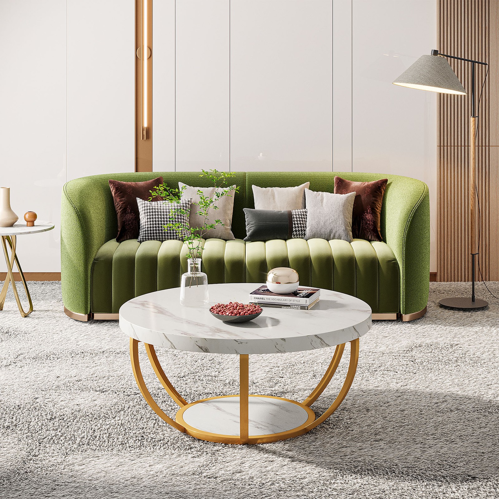 Modern Round Coffee Table, 2 Tier Circle Center Tea Table with Faux White Marble