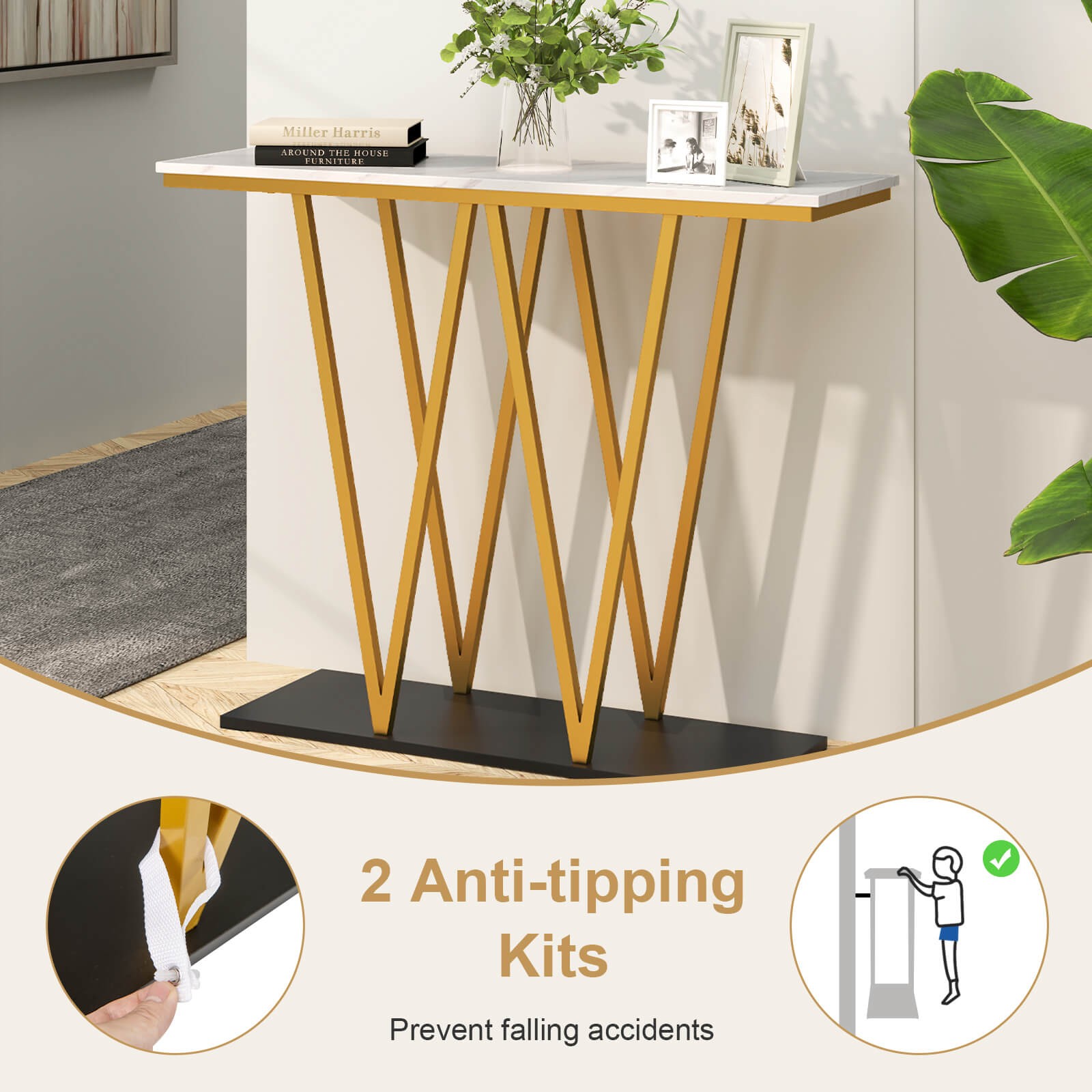 Gold Entryway Table, 40” Modern Console Table w/Faux Marble Table & Metal Frame