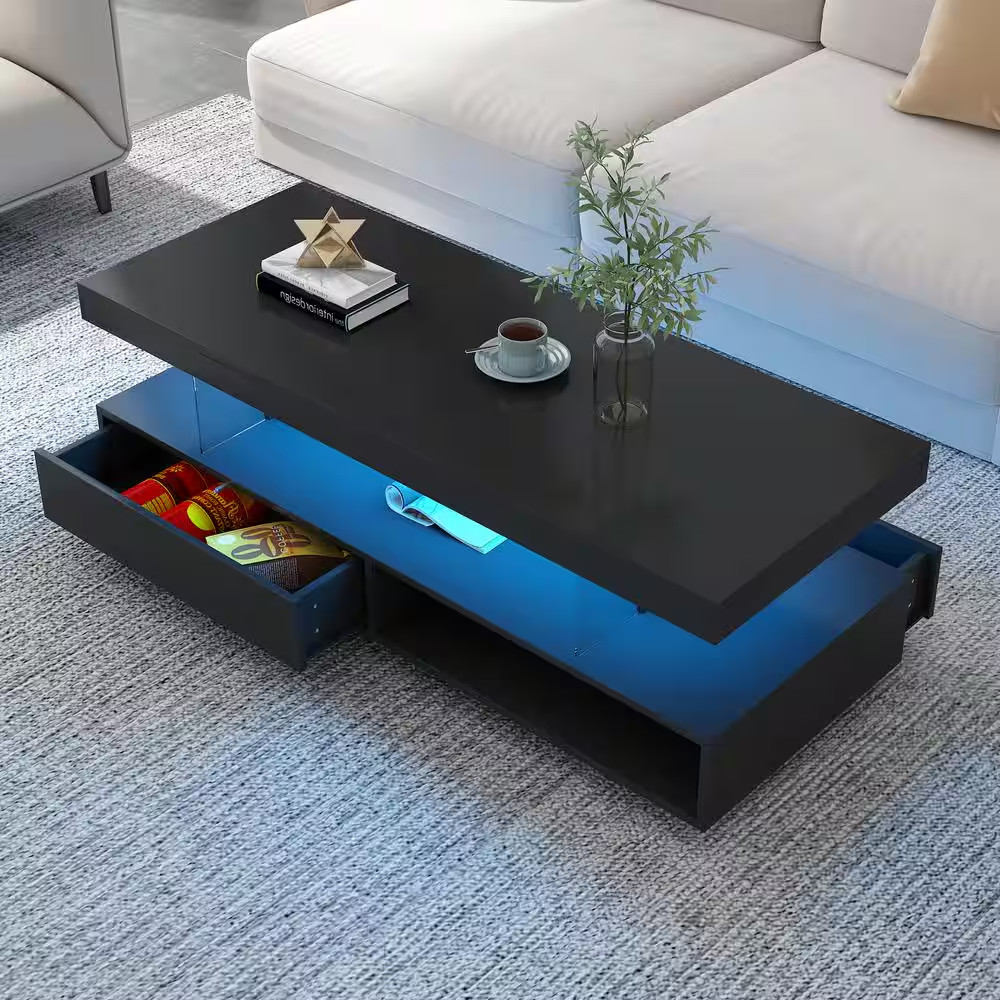 51.2 In. Black Rectangle Particle Board Coffee Table with LED Lights(16 Colors),