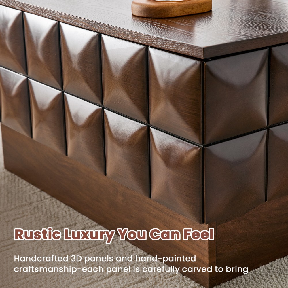 32.7″ Square Walnut Coffee Table – 3D Cube-Textured Wrap, Ash Veneer Top