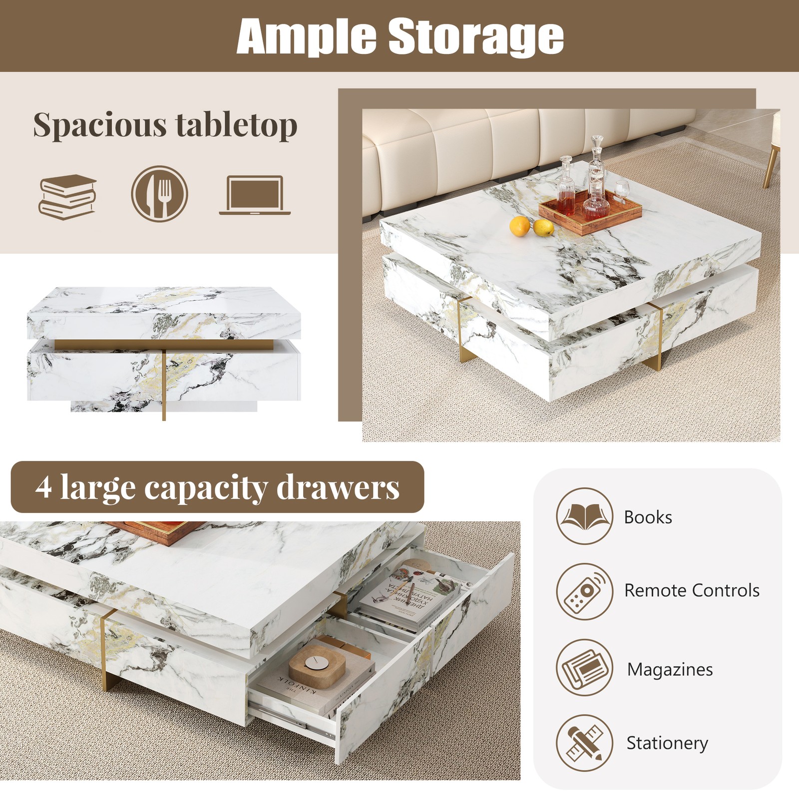 Modern White Square Marble Coffee Table with 4 Drawers, 43.3″
