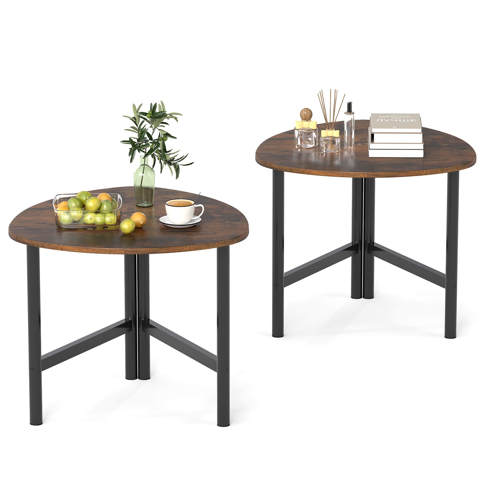 2PCS Triangle Coffee Table w/Metal Legs, Industrial Center Table for Living Room