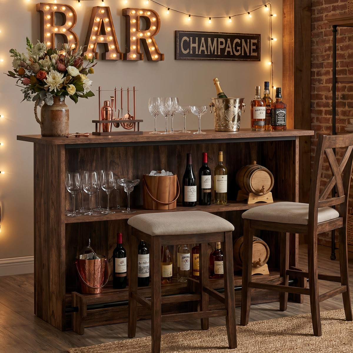 63 Inch Wooden Bar Table Farmhouse Home Bar Unit with Storage Shelves & Footrest