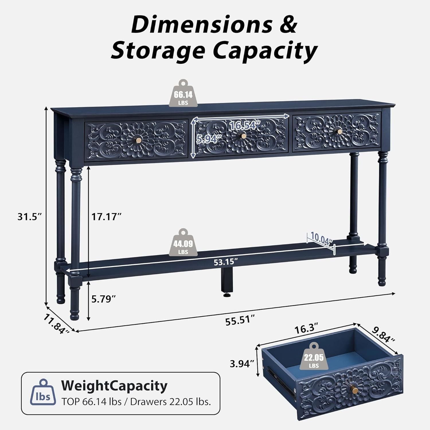 55.5″ Carved Console Table with 3 Drawers, 2-Tier Sofa Table with Glossy Floral