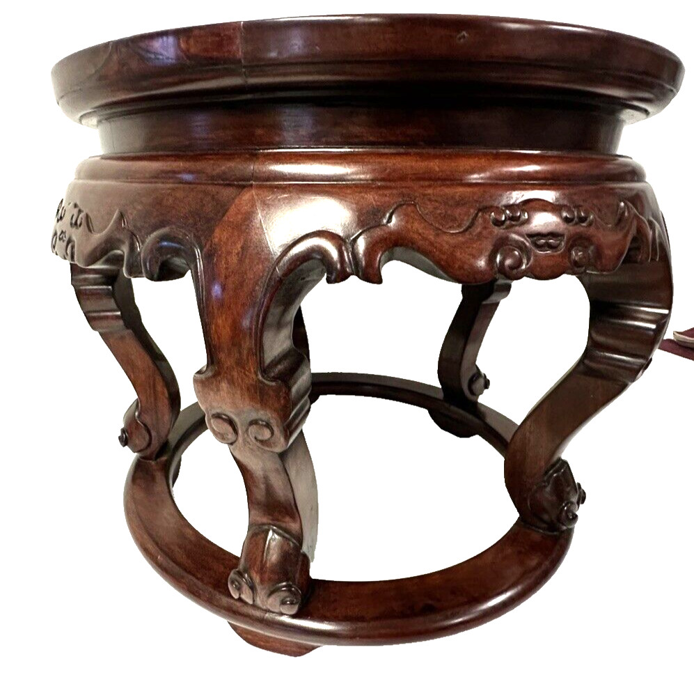 Small Chinese Cloisonné Floral Inlay Top & Carved Wood Round Pedestal Table
