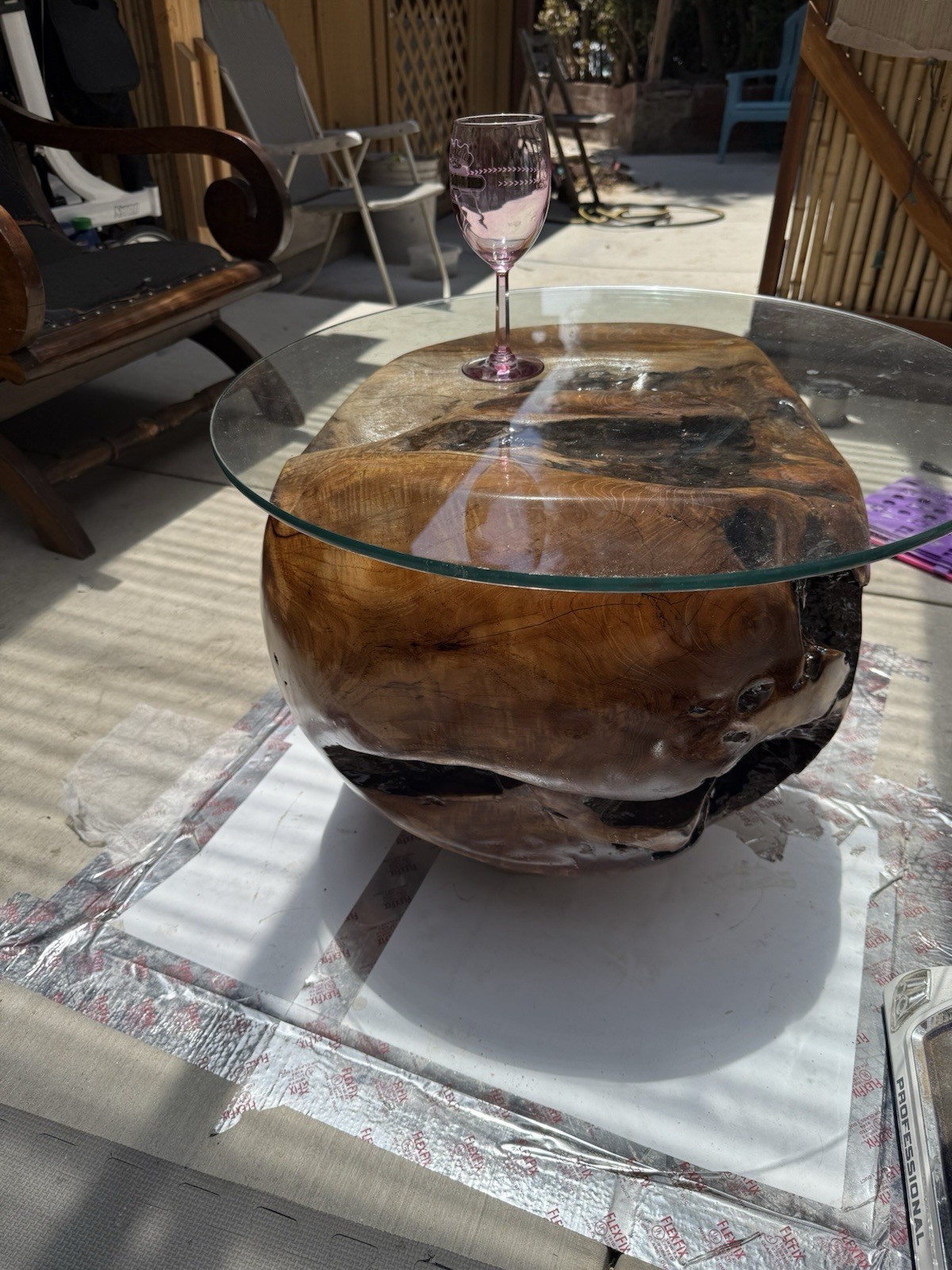 Teak Burl Epoxy Glass Top Side Table Handmade Floating Base Modern 22.5”H