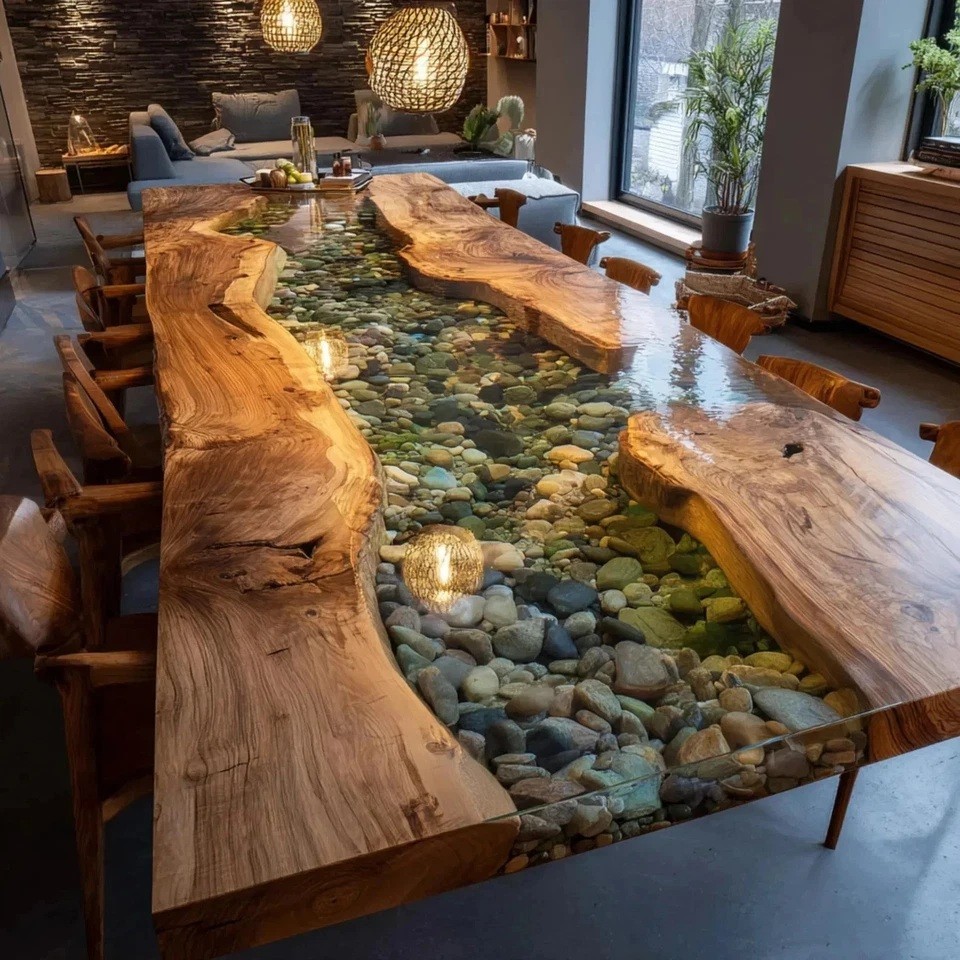 Handmade Live Edge Epoxy Dining Table, Custom Resin River Table