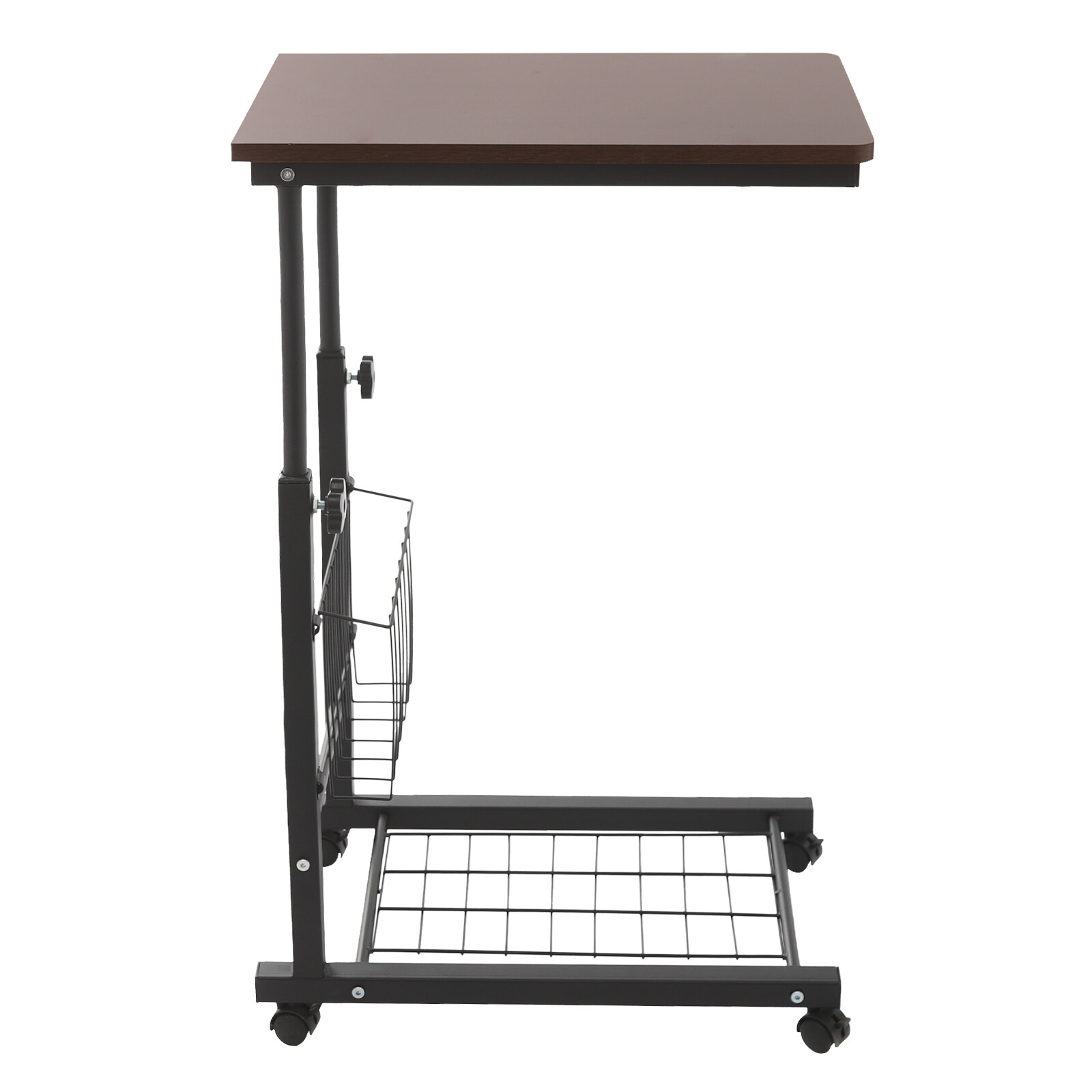 2 Tiers Red Walnut Color Mobile Standalone Adjustable Bed Side Table w/ Wheels