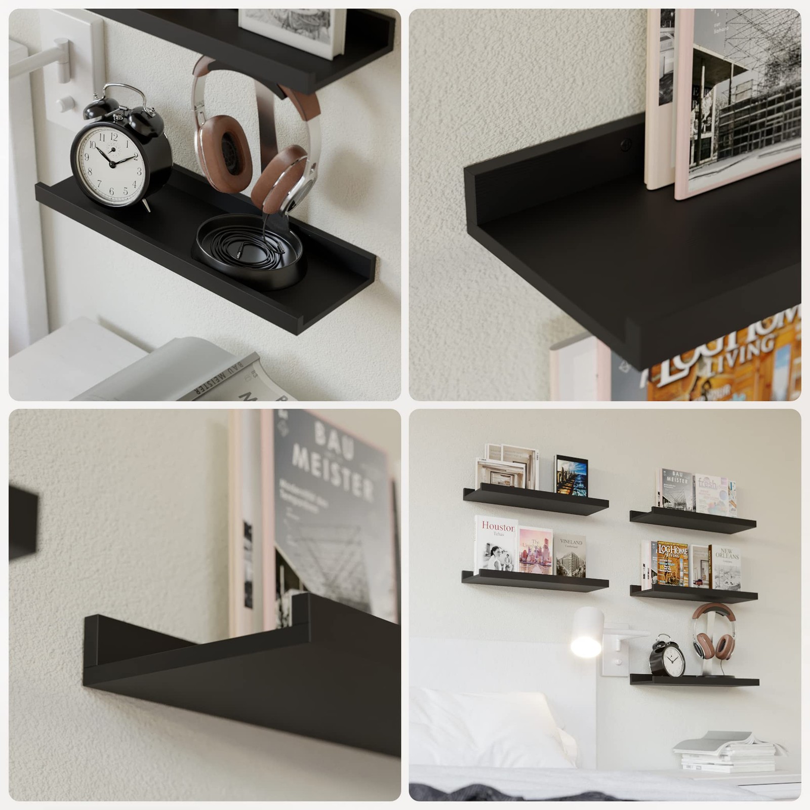 RICHER HOUSE 5 Set Floating Wall Mounted Shelves, Black 5pcs*15.75in,