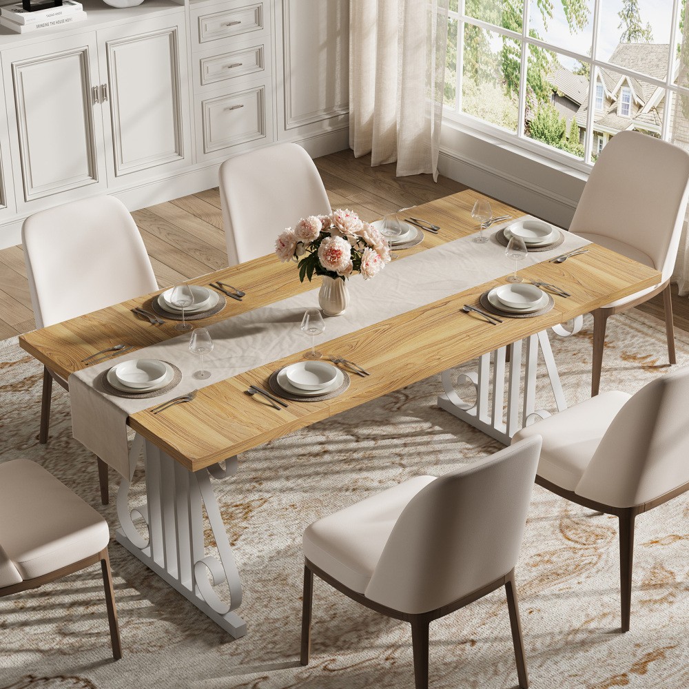Dining Table for 6–8, Rectangular OAK Top, Metal Frame, Adjustable Feet