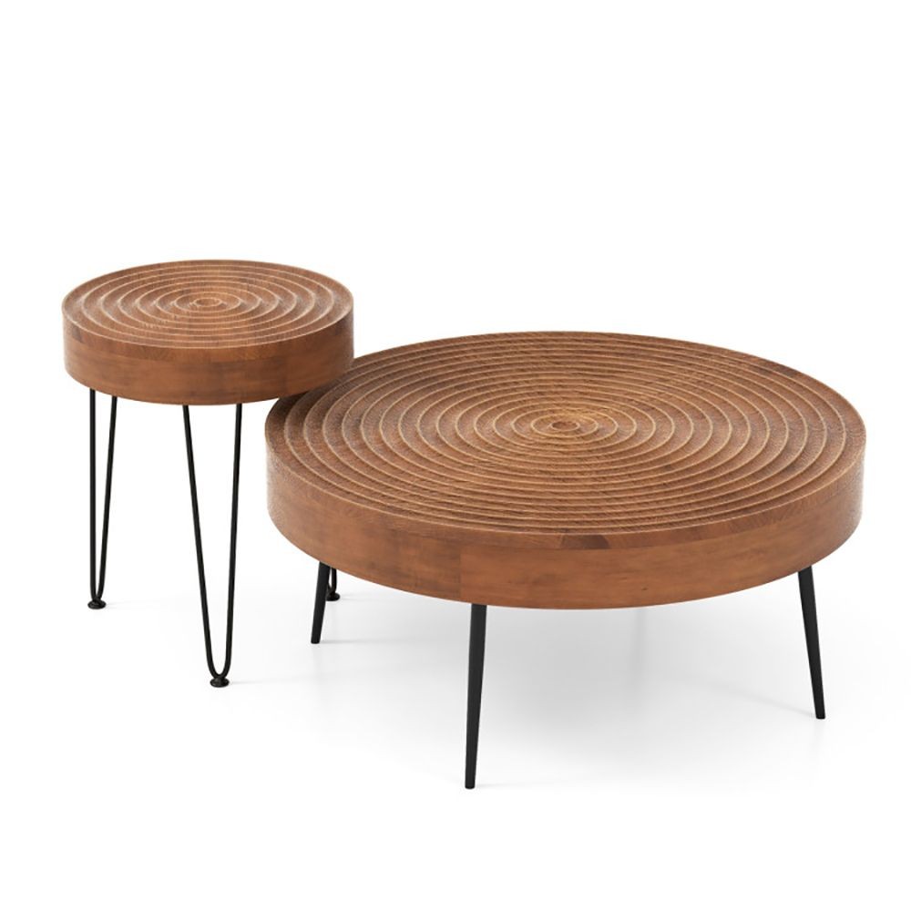 31.5×31.5x15in & 16x16x19in Pine Wood Ripple Pattern Coffee Tables Set Natural