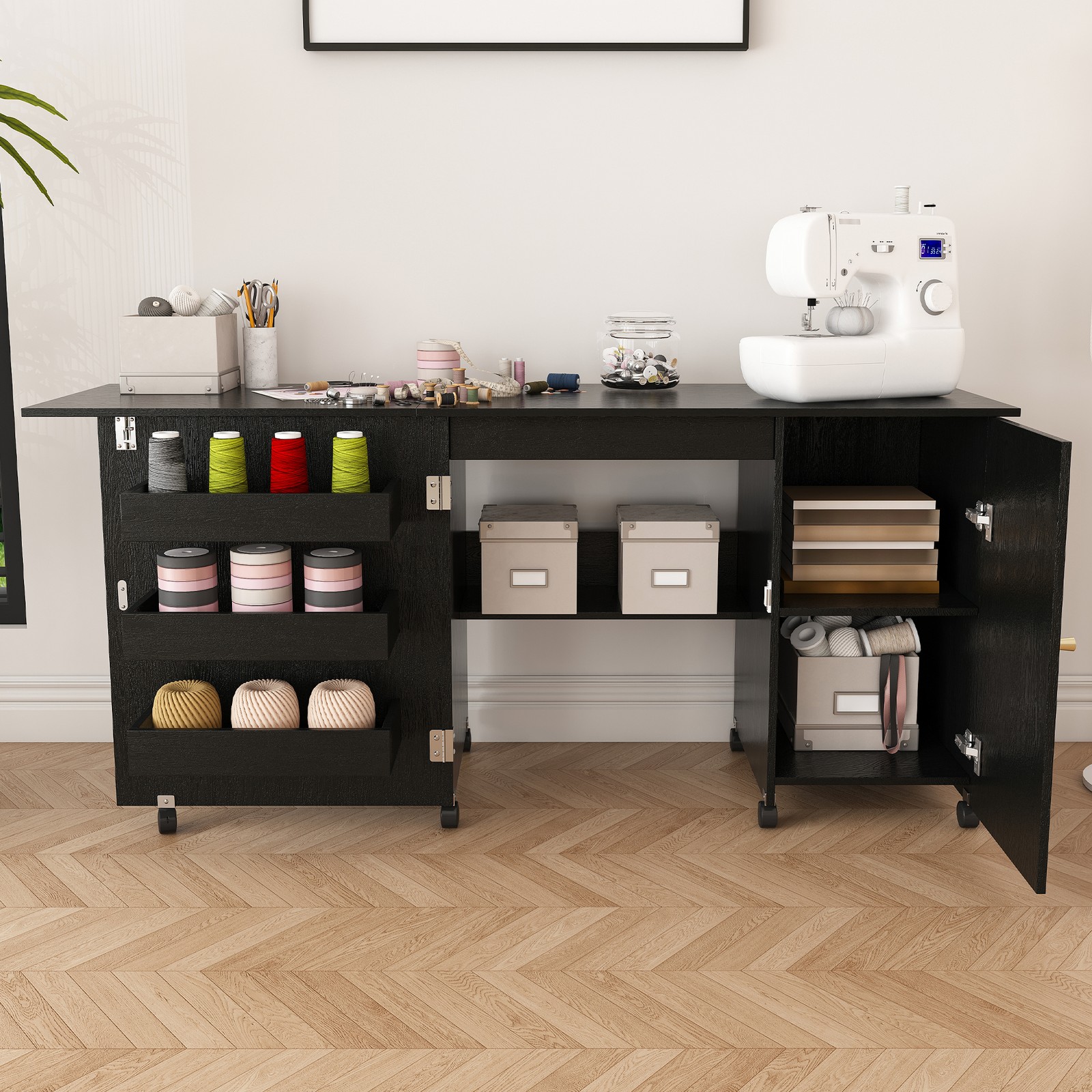 Foldable Sewing Machine Table with Locking Casters 57.5 Inch Black Craft Station