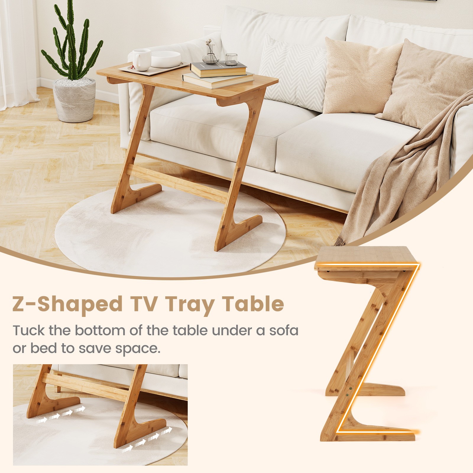 Bamboo Sofa Side Table Z-Shaped Spacious Tabletop Space-Saving TV Snack Tray