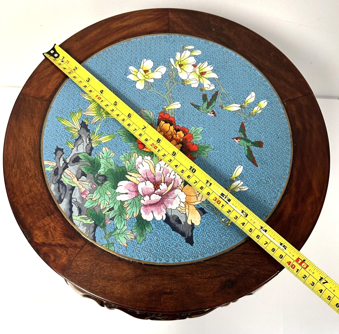 Small Chinese Cloisonné Floral Inlay Top & Carved Wood Round Pedestal Table
