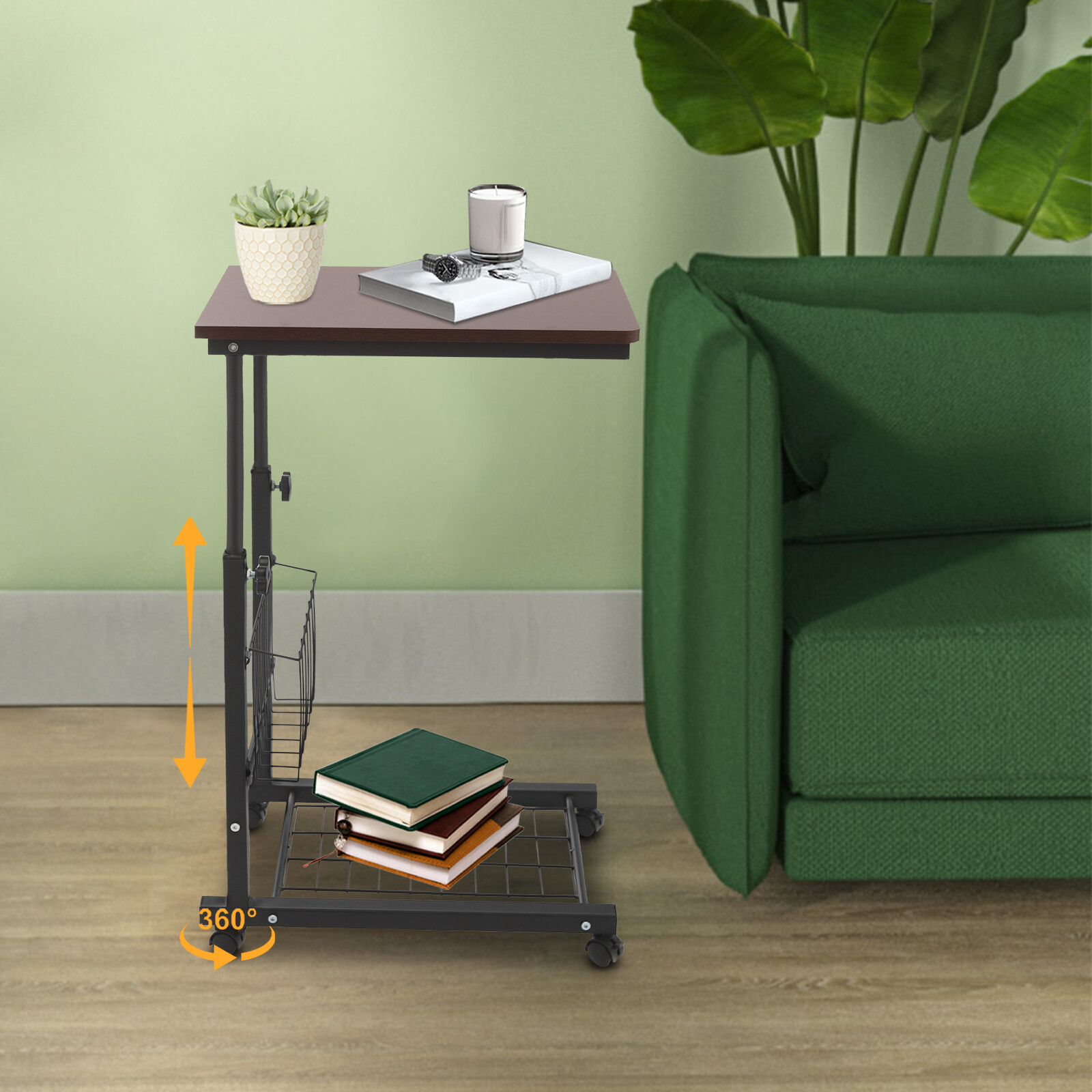 2 Tiers Red Walnut Color Mobile Standalone Adjustable Bed Side Table w/ Wheels