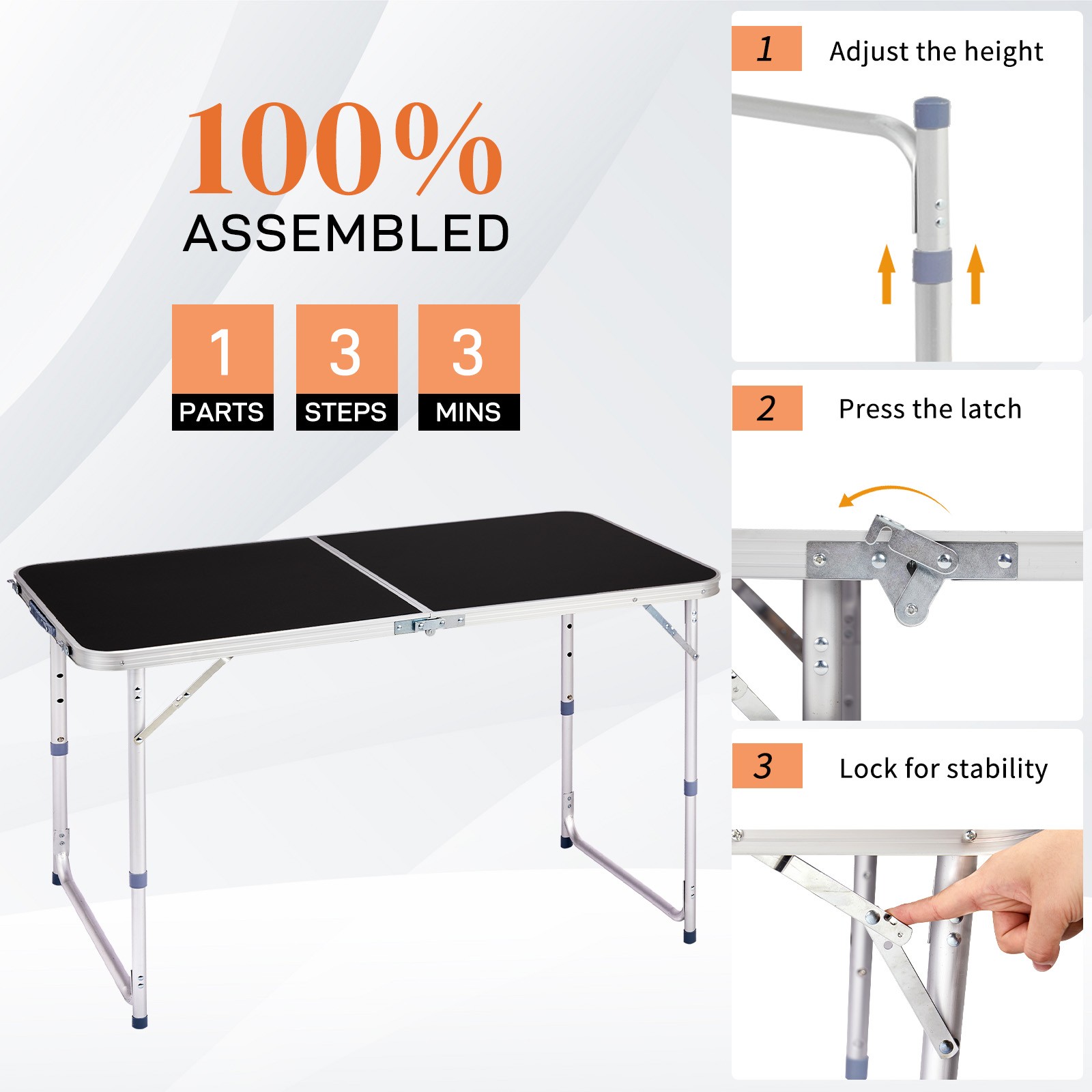 4FT Dining Portable Aluminum Folding Black Table Perfect for InOutdoor Parties
